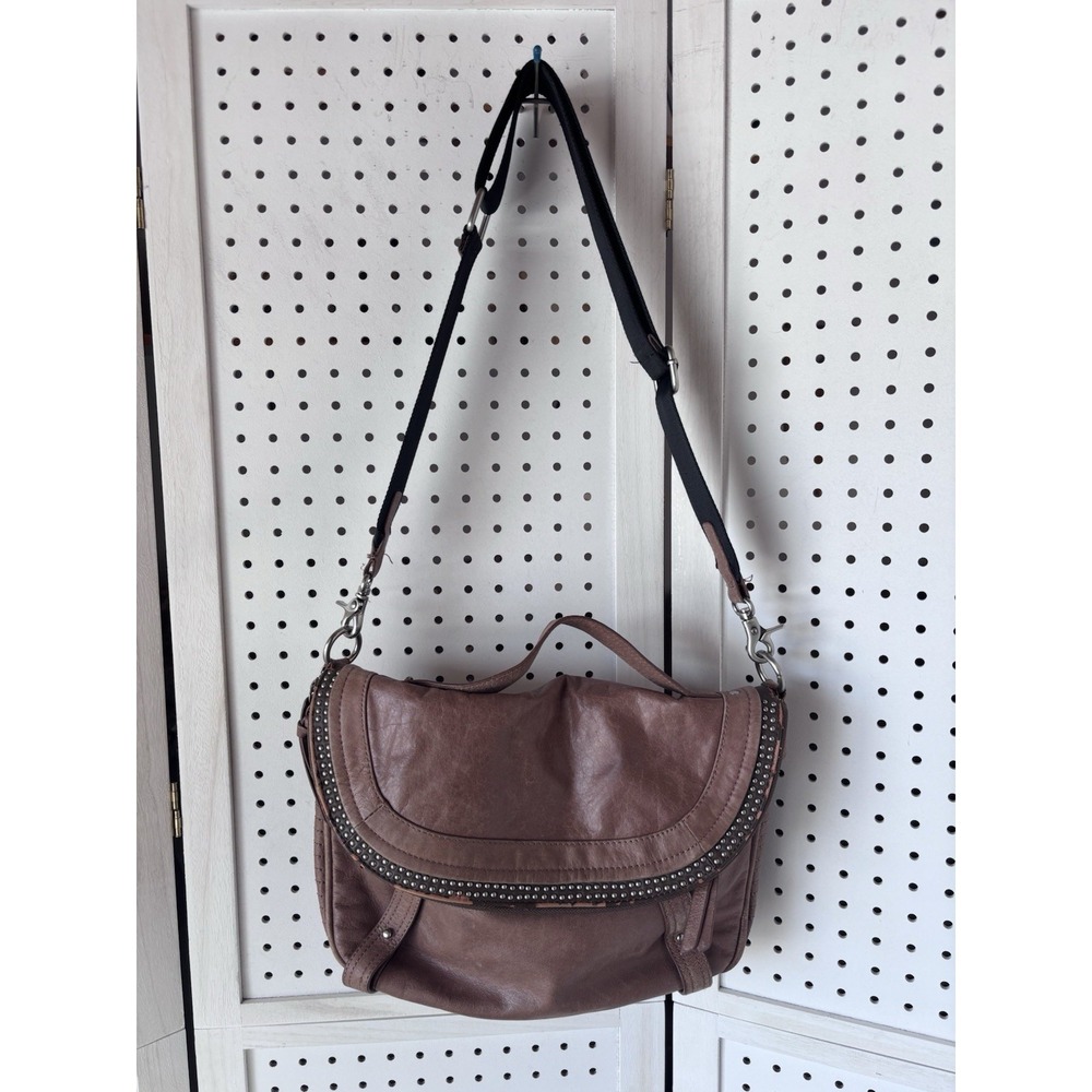 BCBG Maxazria‎ Leather Crossbody Messenger Bag Studded Canvas Strap Brown